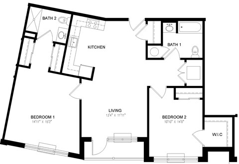 Floor plan for 2 beds, 2 baths, 1031 sqft